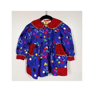 Vintage Girls 90's Size 2T Dress Maty Blue Geometric Retro Novelty Button Collar